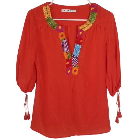Trina Turk Silk Orange Embroidered Collar Blouse Tassels Size M - Picture 1 of 13